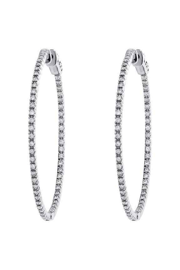 14K White Gold Prong Set Round Diamond Hoop In & Out 42mm Ladies Earrings 7/8 CT