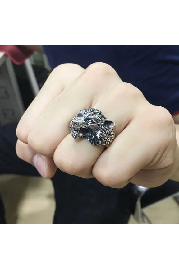 14K White Gold Punk Big Ring Vivid Wolf Open Ring Finger for Women Men Personality Fashion Party Fine Jewelry Circle