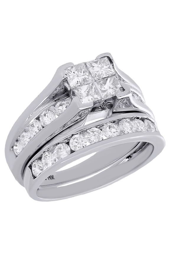 14K White Gold Quad Princess Diamond Channel Set Engagement Ring Bridal Set 2 Ct