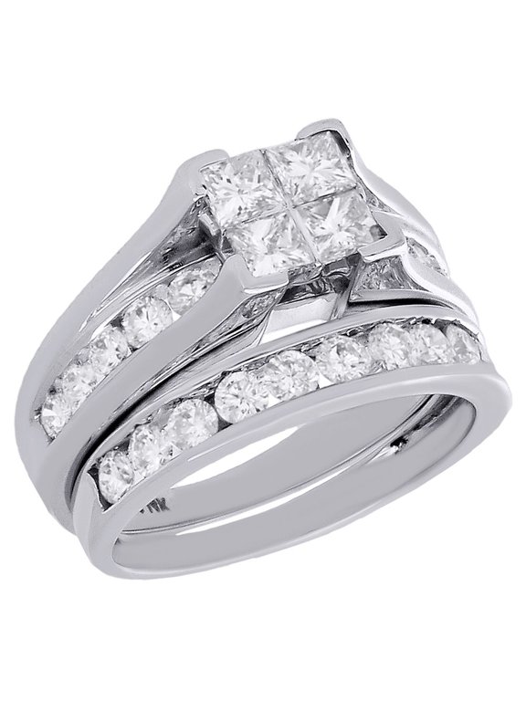 14K White Gold Quad Princess Diamond Channel Set Engagement Ring Bridal Set 2 Ct