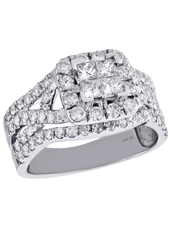 14K White Gold Quad Princess Diamond Intersecting Halo Engagement Ring 2 Ct.