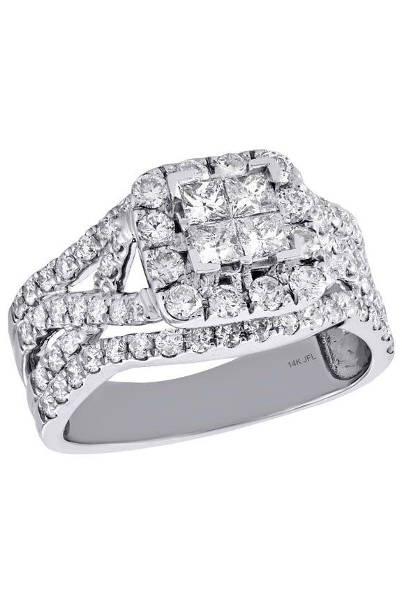 14K White Gold Quad Princess Diamond Intersecting Halo Engagement Ring 2 Ct.