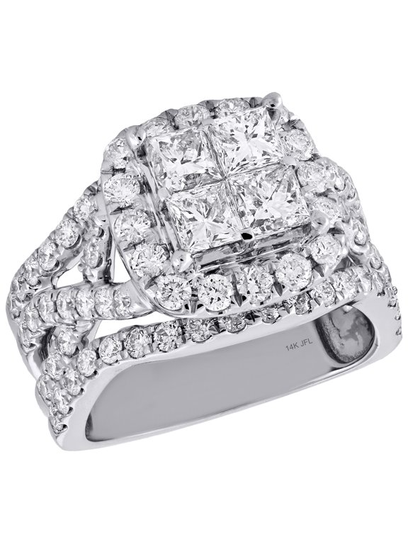 14K White Gold Quad Princess Diamond Intersecting Halo Engagement Ring 3 Ct.