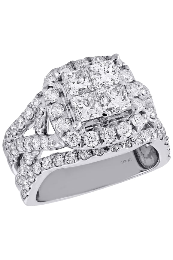 14K White Gold Quad Princess Diamond Intersecting Halo Engagement Ring 3 Ct.
