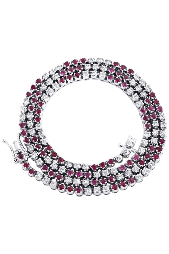 14K White Gold Real Ruby & Diamond Prong Set 18" Tennis Necklace Chain 5.75 CT.
