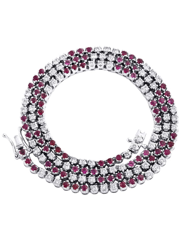 14K White Gold Real Ruby & Diamond Prong Set 18" Tennis Necklace Chain 5.75 CT.