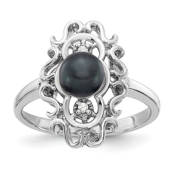 14K White Gold Ring Band 2 mm Polished Diamond & Pearl Scroll Mounting