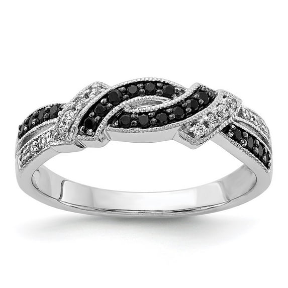 14K White Gold Ring Band Diamond Round & Black, Size 7