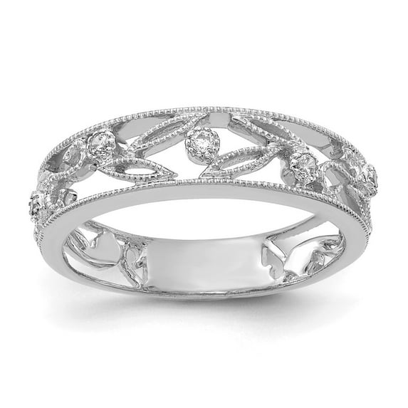 14K White Gold Ring Band Diamond Round Flower Vine Design, Size 8