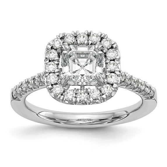14K White Gold Ring Band Engagement Semi Mount Asscher (4 Prong) center Stone Mounting Octagon Emerald Diamond, Lab Grown Round, Size 8