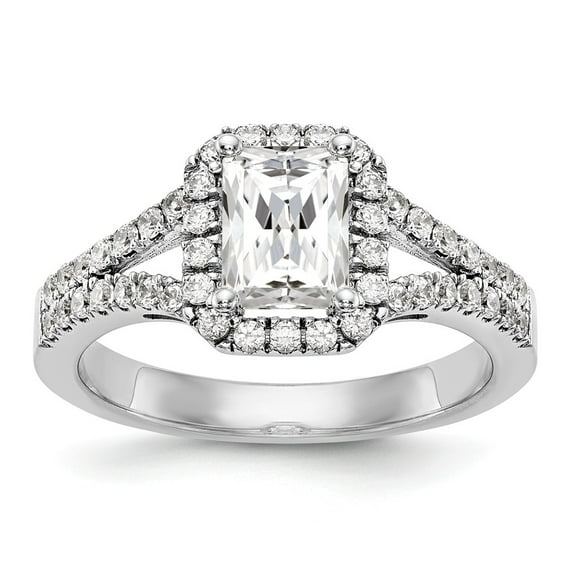 14K White Gold Ring Band Engagement Semi Mount Emerald (4 Prong) center Stone Mounting Octagon Diamond, Lab Grown Round, Size 9