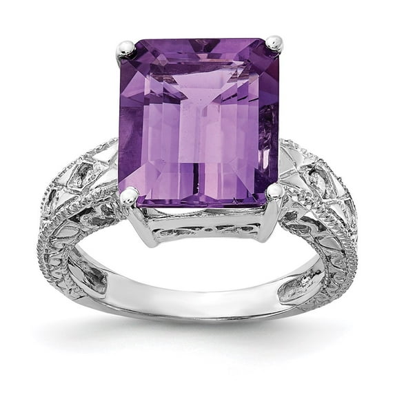 14K White Gold Ring Band Gemstone Amethyst Octagon Emerald Purple Diamond Round, Size 5