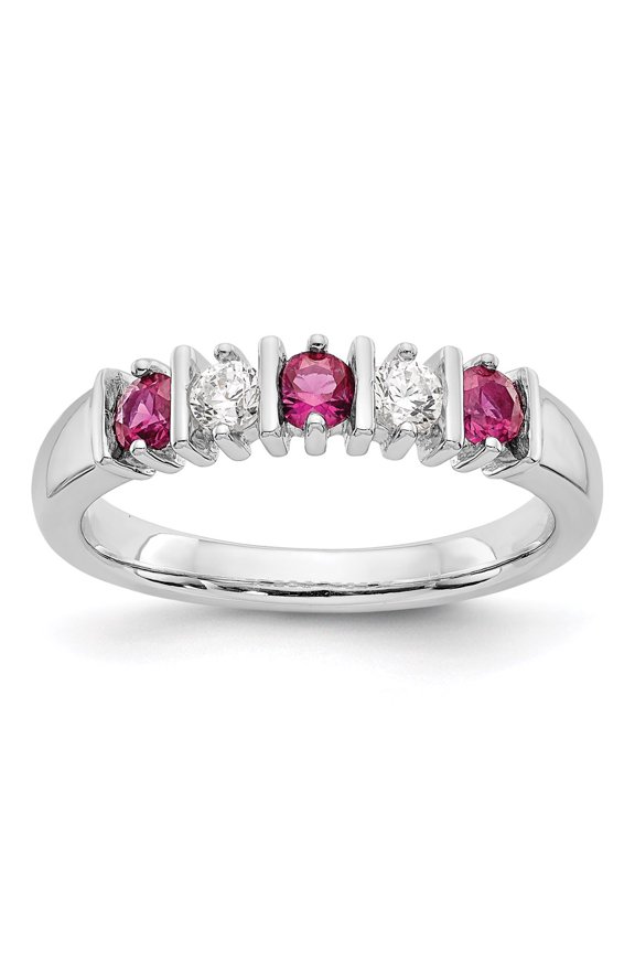 14K White Gold Ring Band Gemstone Diamond Round Ruby Red