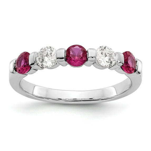 14K White Gold Ring Band Gemstone Diamond Round Ruby Red