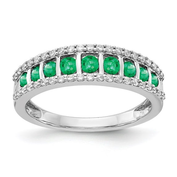 14K White Gold Ring Band Gemstone Emerald Round Green Diamond, Size 7