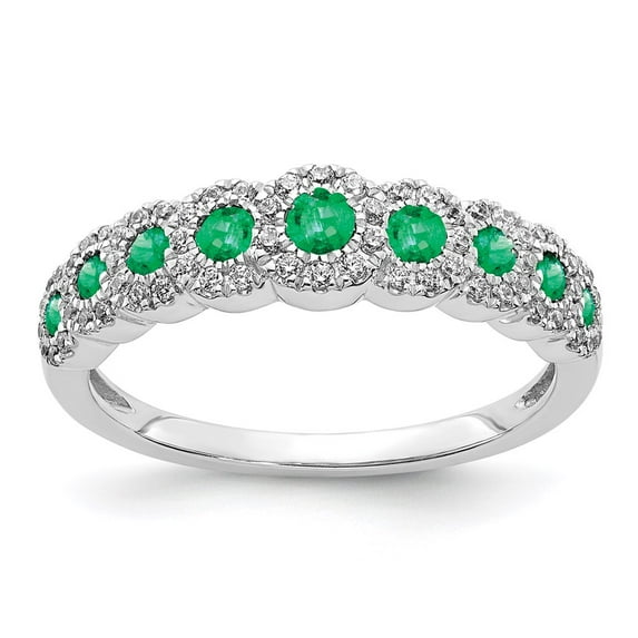 14K White Gold Ring Band Gemstone Emerald Round Green Diamond, Size 8