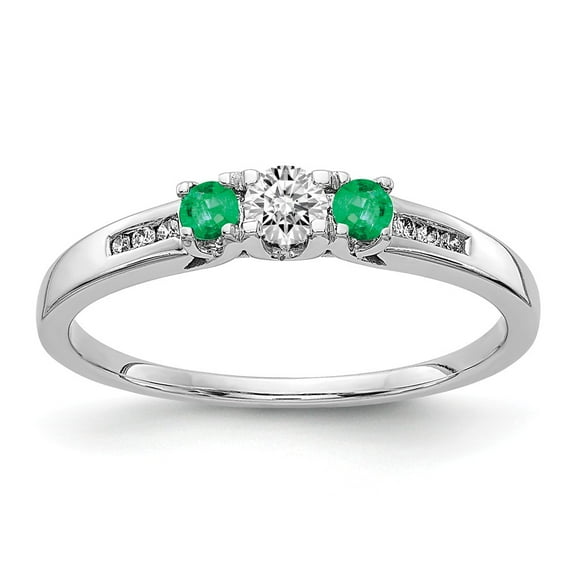 14K White Gold Ring Band Gemstone Emerald Round Green Diamond