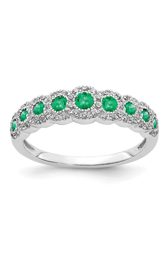 14K White Gold Ring Band Gemstone Emerald Round Green Diamond