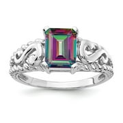 GEMAPEX 14K White Gold Ring Band Gemstone Mystic Fire Topaz Octagon Emerald Multi-color, Size 9