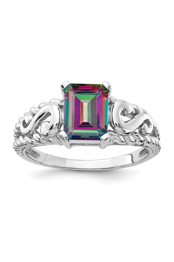 14K White Gold Ring Band Gemstone Mystic Fire Topaz Octagon Emerald Multi-color, Size 9