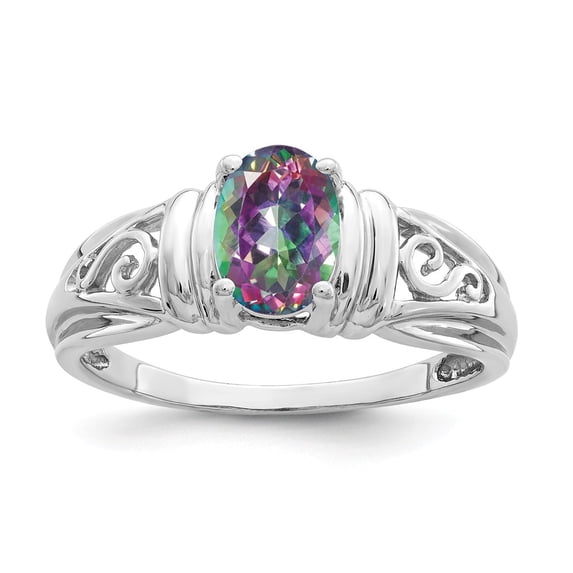 14K White Gold Ring Band Gemstone Mystic Fire Topaz Oval Multi-color