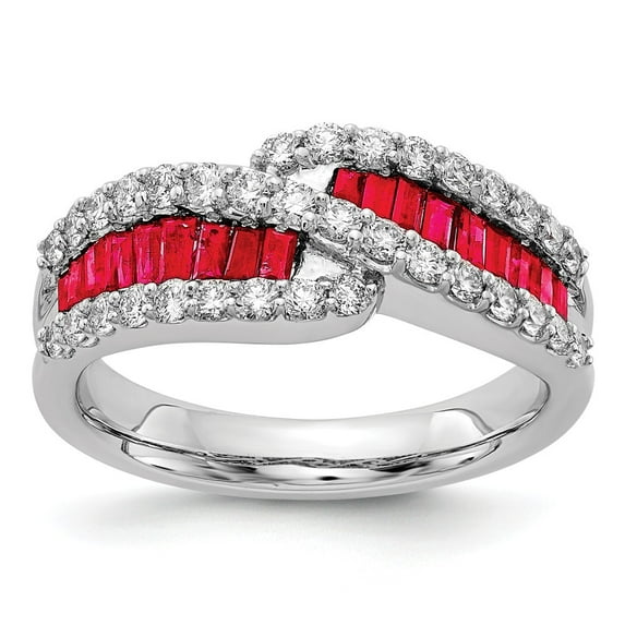 14K White Gold Ring Band Gemstone Ruby Baguette Red Diamond Round