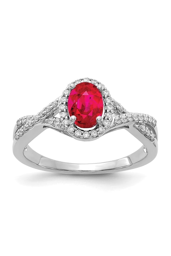14K White Gold Ring Band Gemstone Ruby Oval Red Diamond Round, Size 8