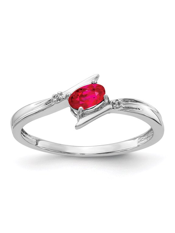 14K White Gold Ring Band Gemstone Ruby Oval Red Diamond Round
