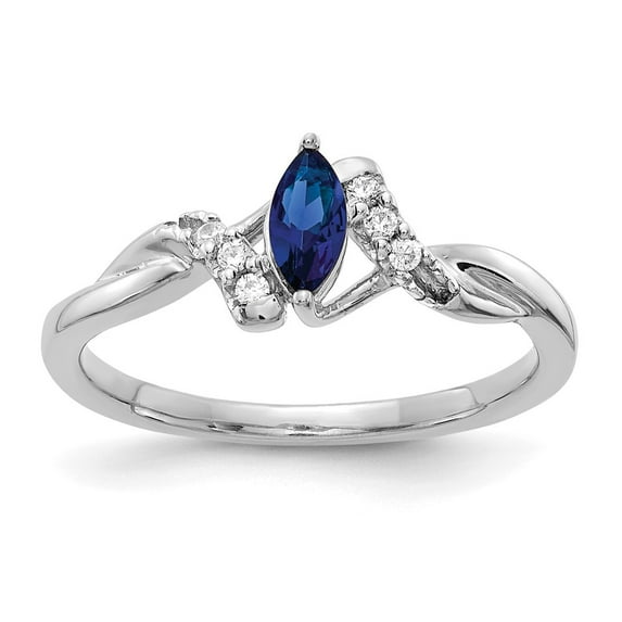 14K White Gold Ring Band Gemstone Sapphire Marquise Blue Diamond Round, Size 9