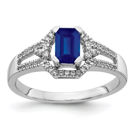 14K White Gold Ring Band Gemstone Sapphire Octagon Emerald Blue Diamond Round, Size 8
