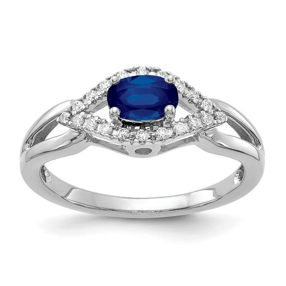 14K White Gold Ring Band Gemstone Sapphire Oval Blue Diamond Round