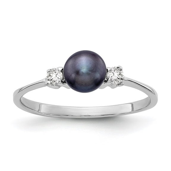 14K White Gold Ring Band Pearl Diamond Round Freshwater Black