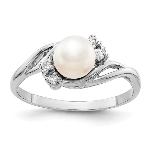 14K White Gold Ring Band Pearl Diamond Round Freshwater, Size 9