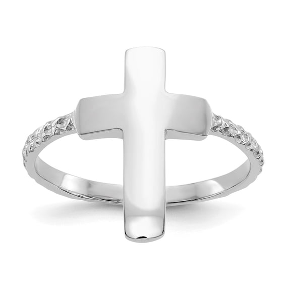 14K White Gold Ring Band Themed Polished Textured Cross, Size 8