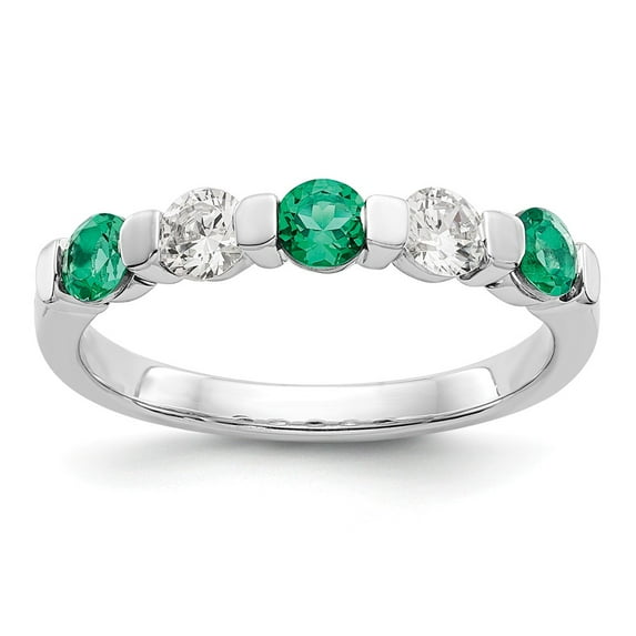14K White Gold Ring Band Wedding Diamond Round Emerald Green, Size 5