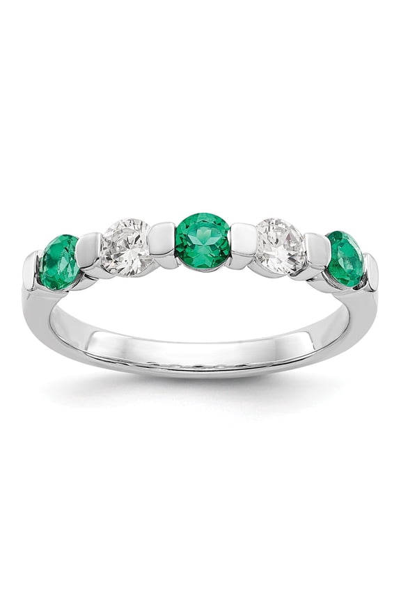 14K White Gold Ring Band Wedding Diamond Round Emerald Green, Size 6