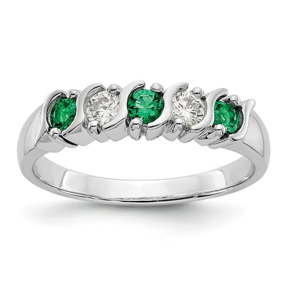 14K White Gold Ring Band Wedding Diamond Round Emerald Green, Size 8