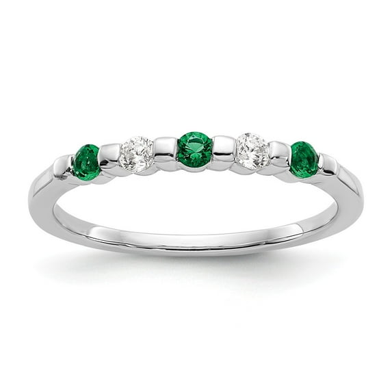 14K White Gold Ring Band Wedding Diamond Round Emerald Green, Size 9