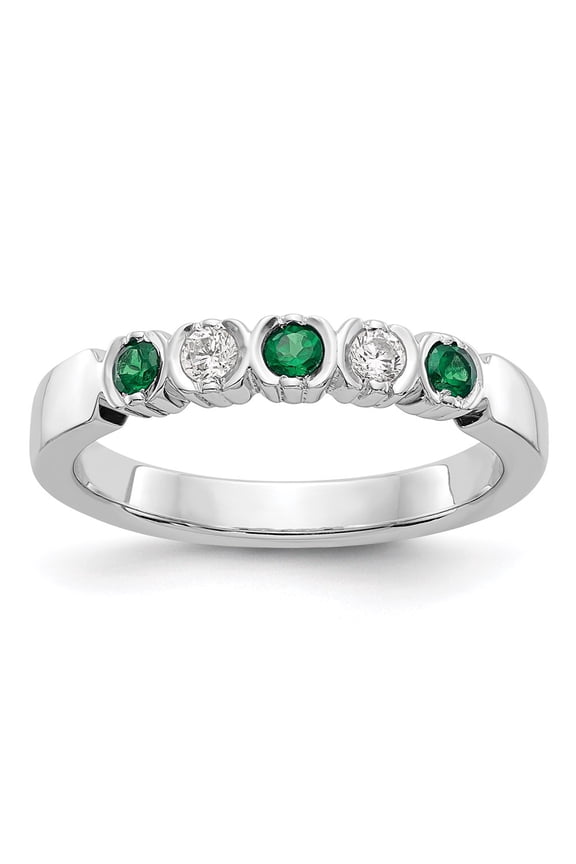 14K White Gold Ring Band Wedding Diamond Round Emerald Green