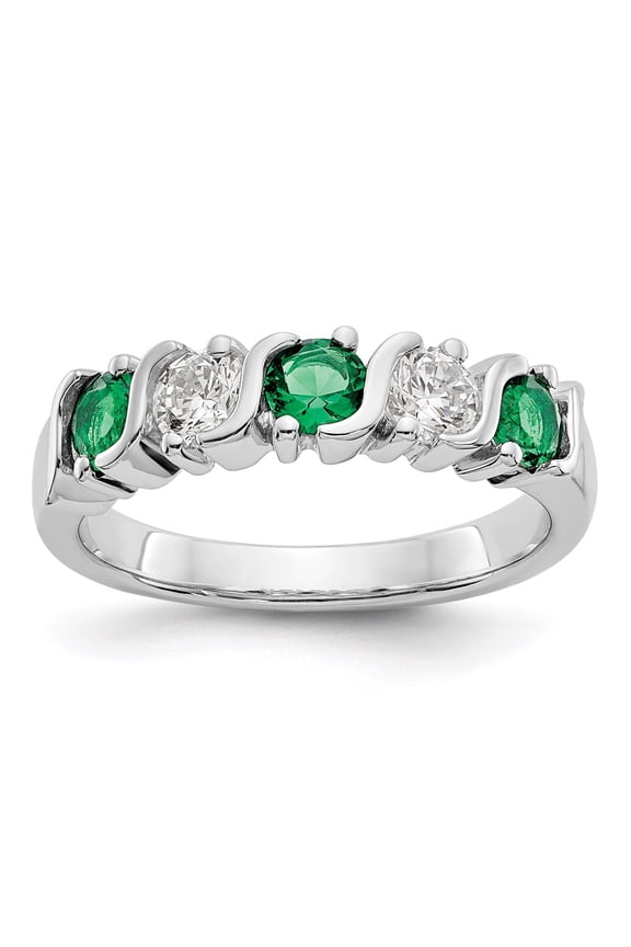 14K White Gold Ring Band Wedding Diamond Round Emerald Green