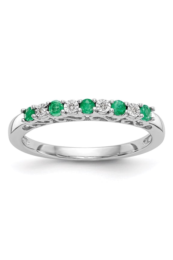 14K White Gold Ring Band Wedding Emerald Round Green Diamond