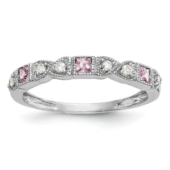 14K White Gold Ring Band Wedding Sapphire (Colors) Square Pink Diamond Round, Size 7