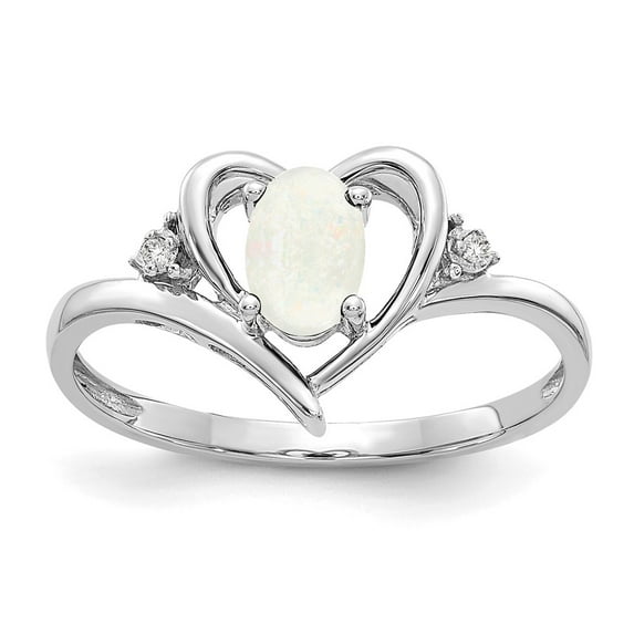 14K White Gold Ring Band with Stones (10) October Opal Oval Phenomena Diamond Round, Size 5