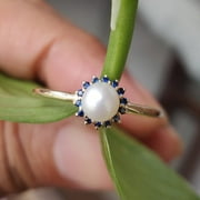 ARENAGEMSJEWELLERY 14K White Gold Ring Natural Pearl Engagement Ring Blue Sapphire Halo Bridal Wedding Ring Astrological June Birthstone Ring