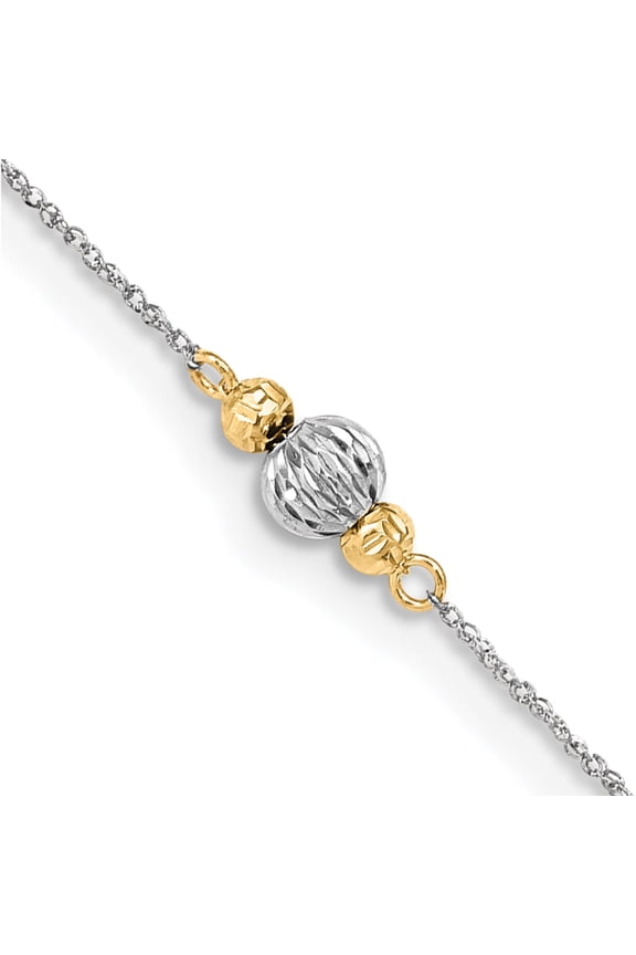 14K White Gold Ropa Two-Tone Diamond Cut Bead 9In Plus 1In Ext. Anklet Made In Indonesia ank259-9