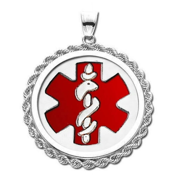 14K White Gold Rope Round Medical Pendant W/ Red Enamel - 1-1/4 Inch X 1-1/4 Inch