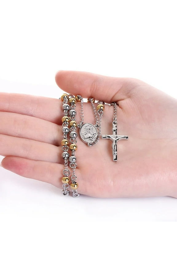 14K White Gold Rosary Beads Jesus Pendant Necklace Catholic Long Chain Cross Necklace for Women Jewelry Gifts