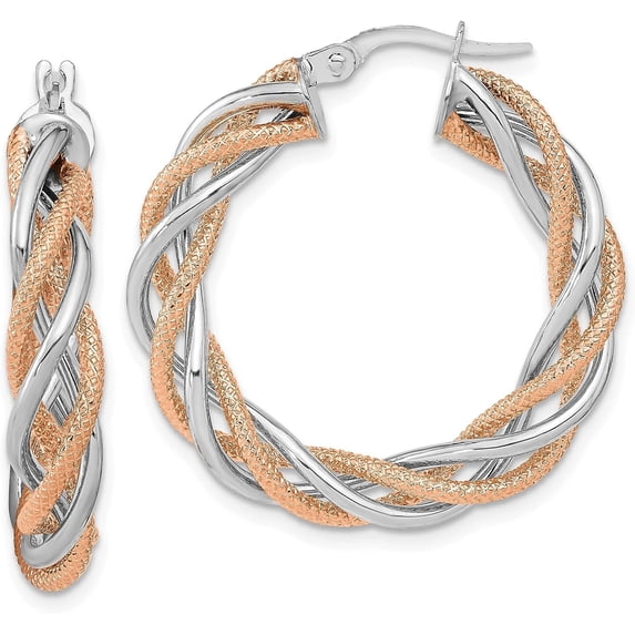14K White Gold Rose Rhodium Polished and Textured Twisted Hoop Earrings - 30mm- Made In Italy