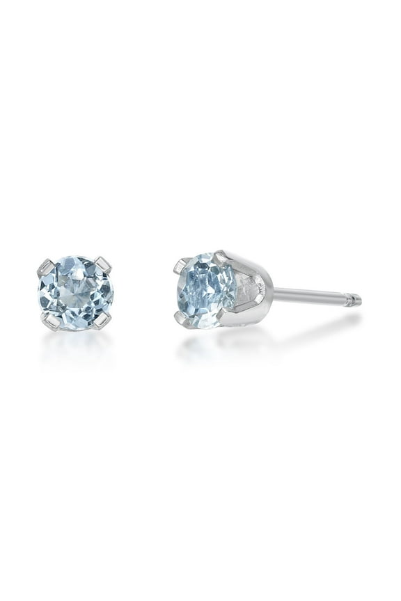 14K White Gold Round Aquamarine Stud Earrings - 3mm