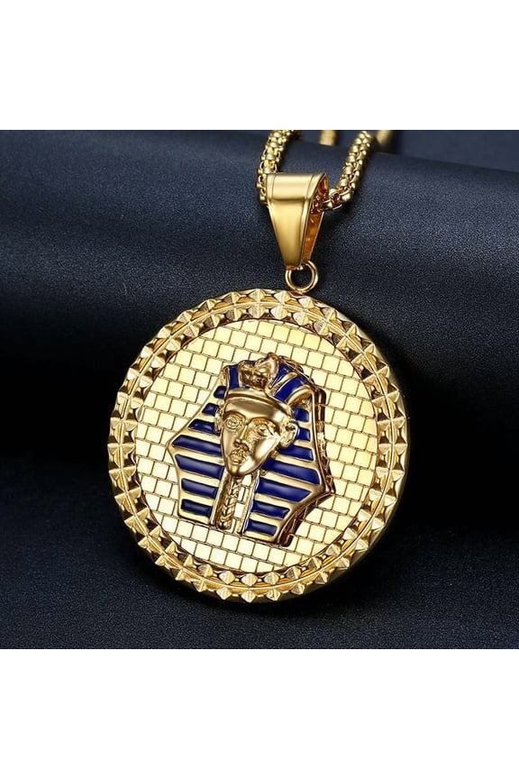14K White Gold Round Badge Egyptian Pharaoh Human Wall Pendant Collar Chains Necklace for Men Women Jewelry